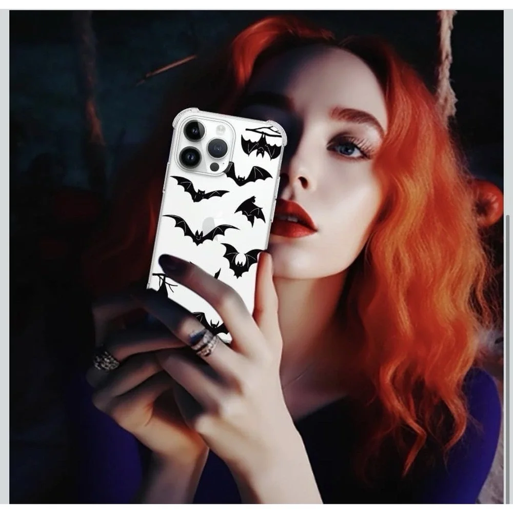 D0048-Halloween Bat Clear Phone Case Shockproof Bumper for iPhone 14 15 Pro Max